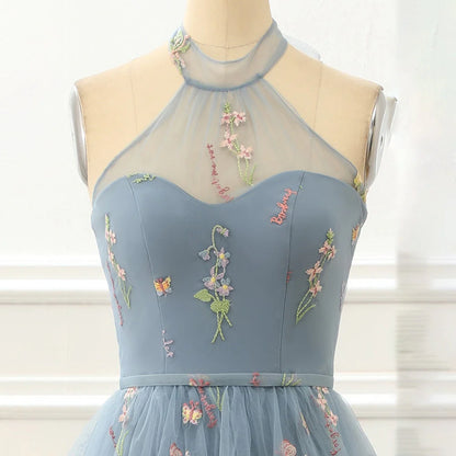 Vestidos de noche con cuello halter de tul y apliques en forma de A hasta el suelo 