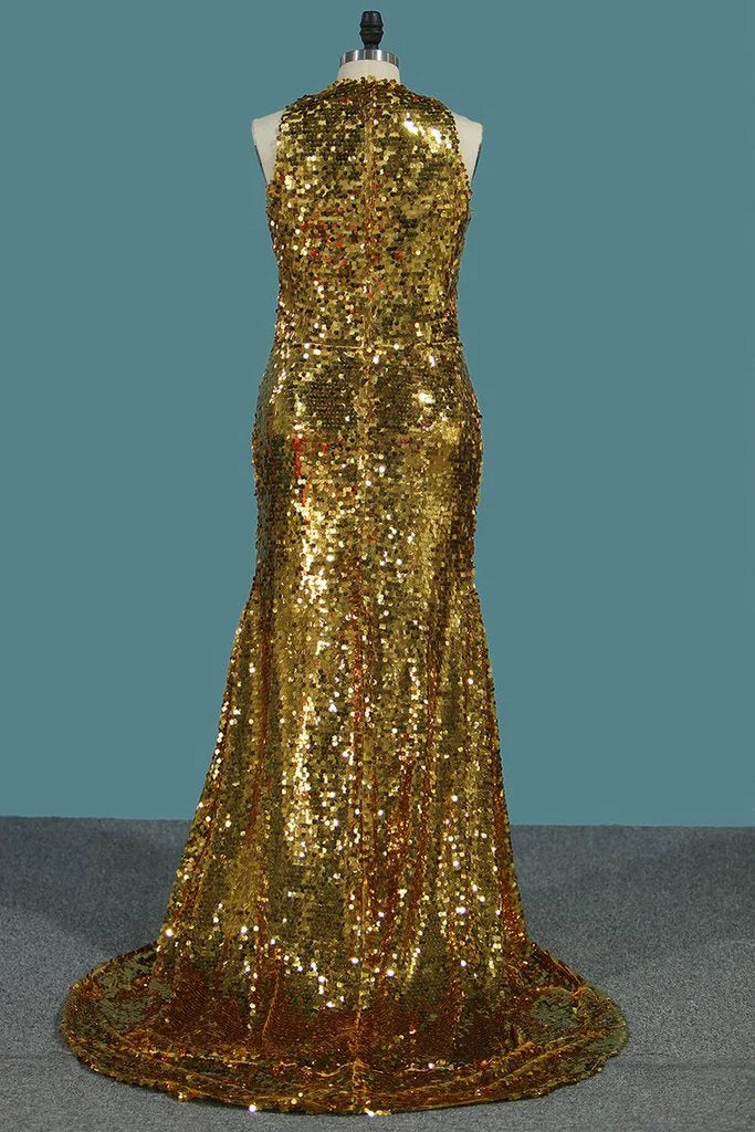 Vestidos de fiesta de sirena/trompeta con lentejuelas y cuello alto, con cola larga 
