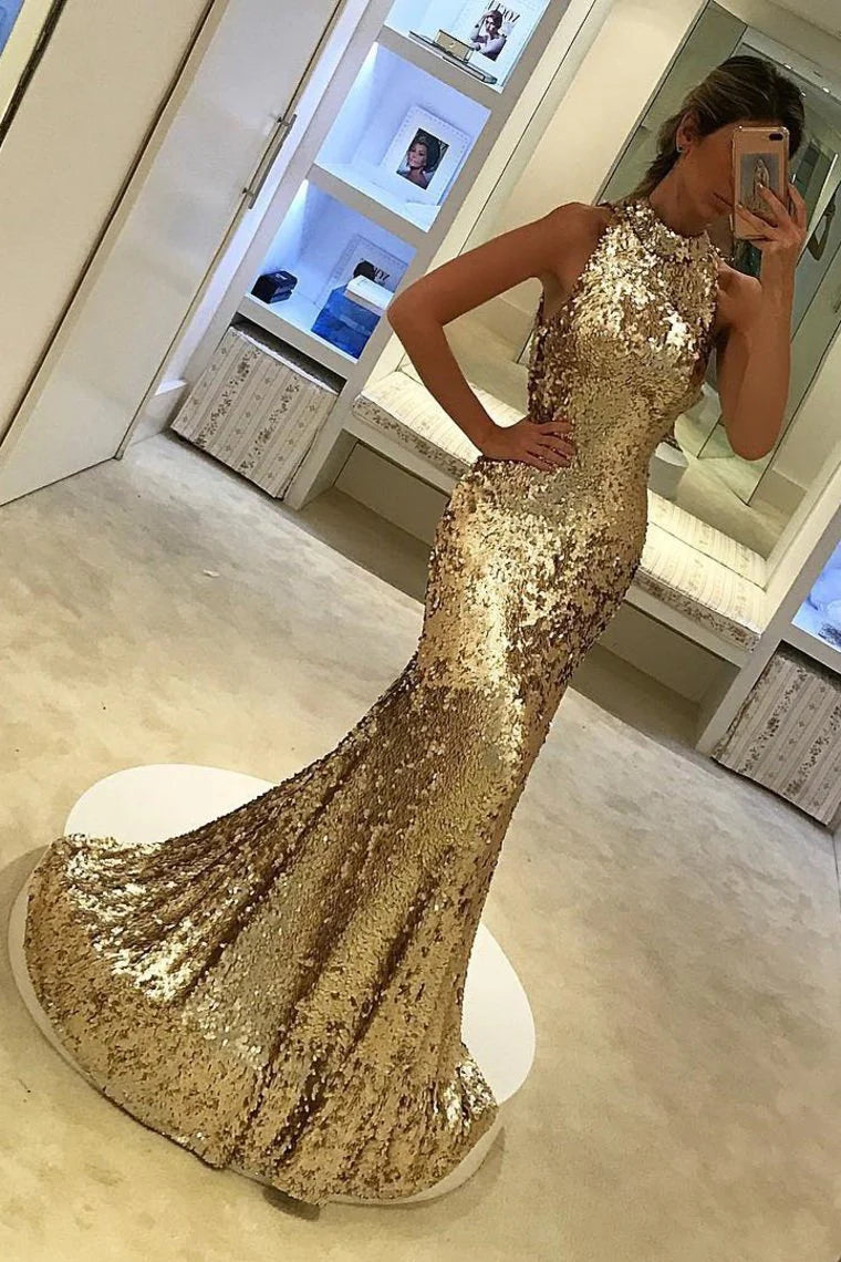 Vestidos de fiesta de sirena/trompeta con lentejuelas y cuello alto, con cola larga 