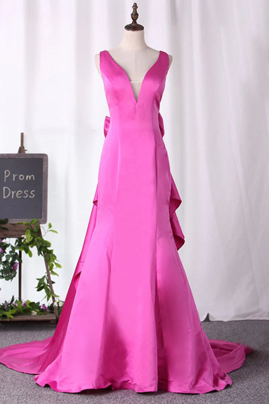 Vestidos de fiesta de sirena con escote en V, satén y lazo 