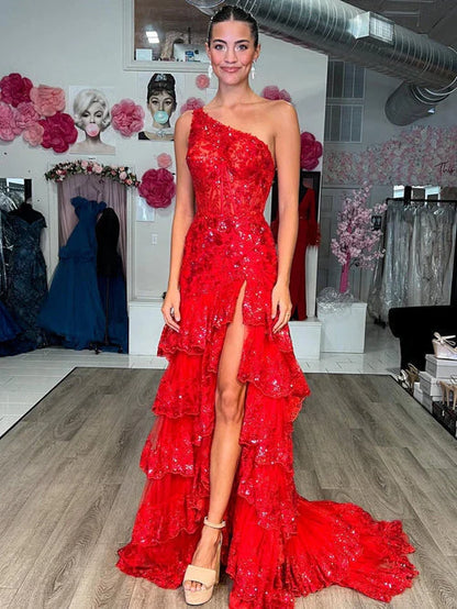 New Style One Shoulder A Line Tulle Sequin-Embroidery Tiered Prom Dresses with Slit