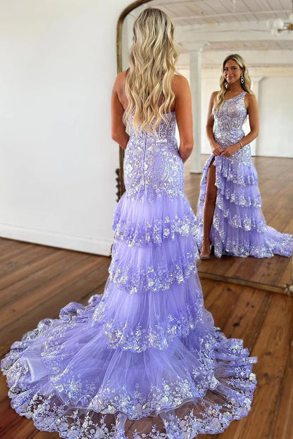 New Style One Shoulder A Line Tulle Sequin-Embroidery Tiered Prom Dresses with Slit