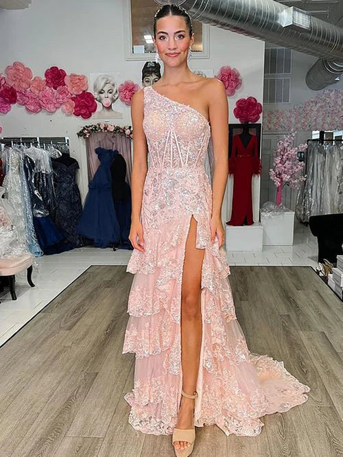 New Style One Shoulder A Line Tulle Sequin-Embroidery Tiered Prom Dresses with Slit