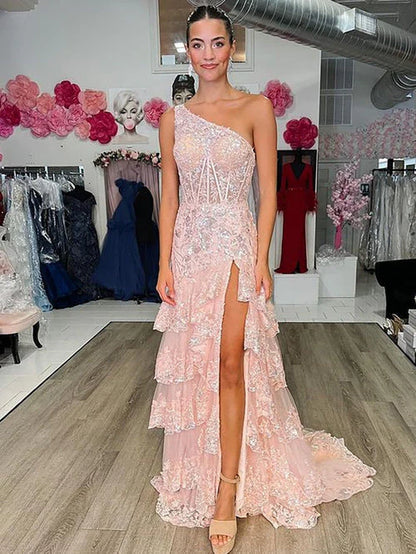 New Style One Shoulder A Line Tulle Sequin-Embroidery Tiered Prom Dresses with Slit