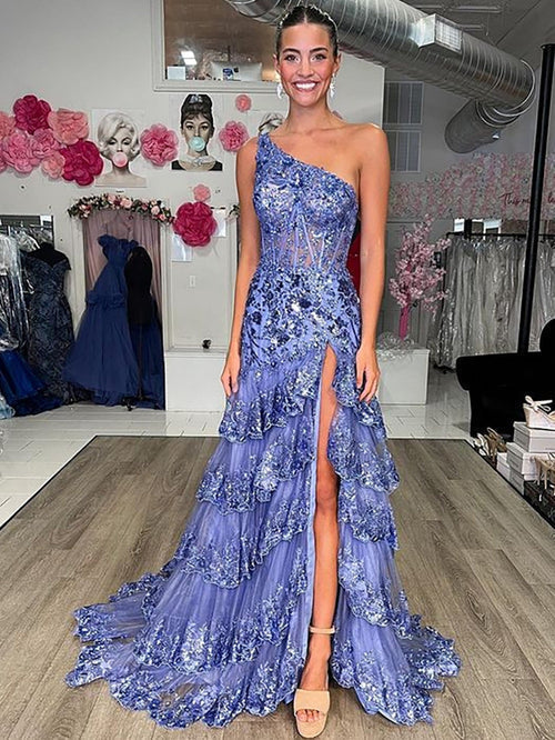 New Style One Shoulder A Line Tulle Sequin-Embroidery Tiered Prom Dresses with Slit
