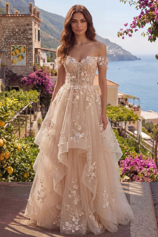 Nude Off-the-Shoulder 3D Floral Lace Ruffled Tulle Prom Dress with Corset Back