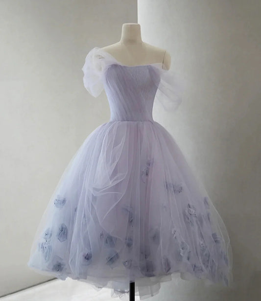 Off-Shoulder 3D Floral Tulle Tea-Length Prom Dress