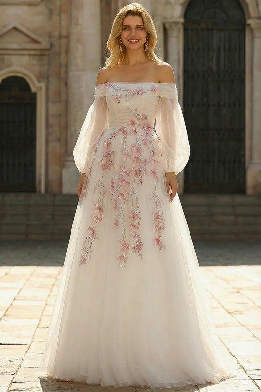 Off-Shoulder White Tulle Prom Dress with Pink Floral Embroidery and Puff Sleeves