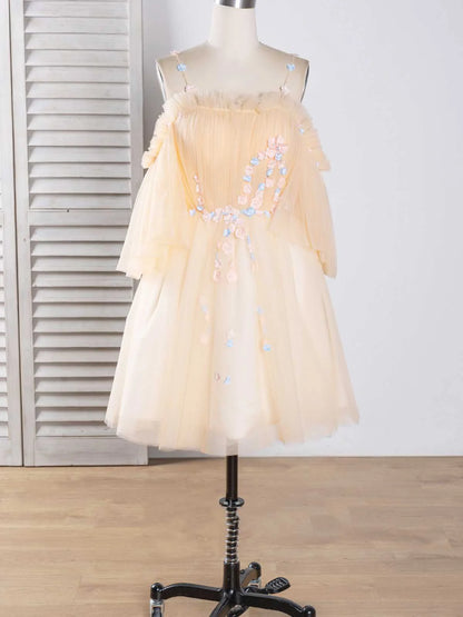 Vestidos de fiesta de tul con hombros descubiertos, corte en A, encaje, cortos/mini 