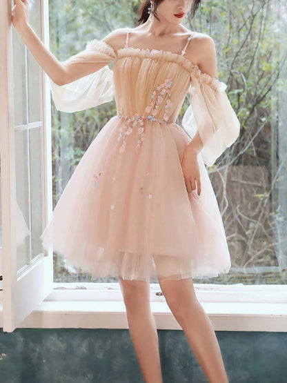 Vestidos de fiesta de tul con hombros descubiertos, corte en A, encaje, cortos/mini 