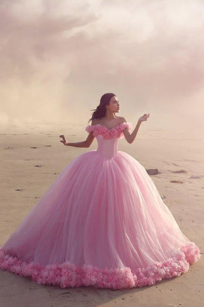 Off The Shoulder Ball Gown Quinceanera Dresses Tulle With Handmade Flower