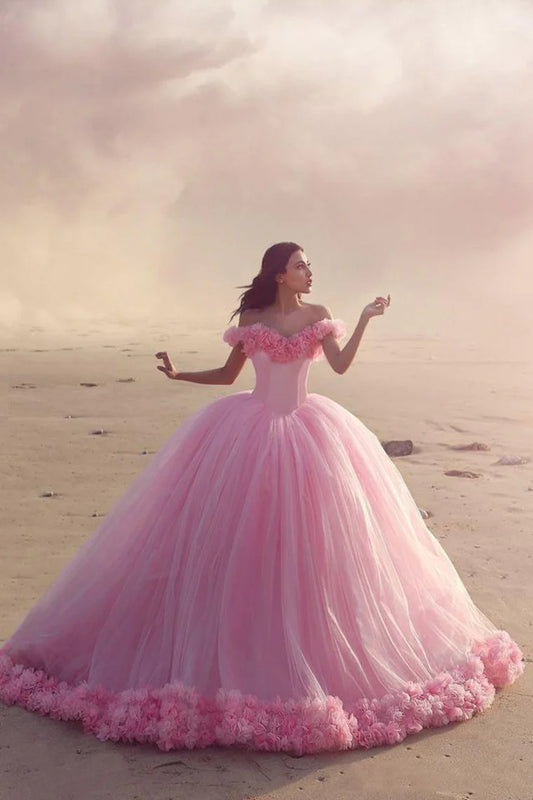 Off The Shoulder Ball Gown Quinceanera Dresses Tulle With Handmade Flower