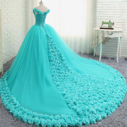 Off The Shoulder Ball Gown Quinceanera Dresses Tulle With Handmade Flower