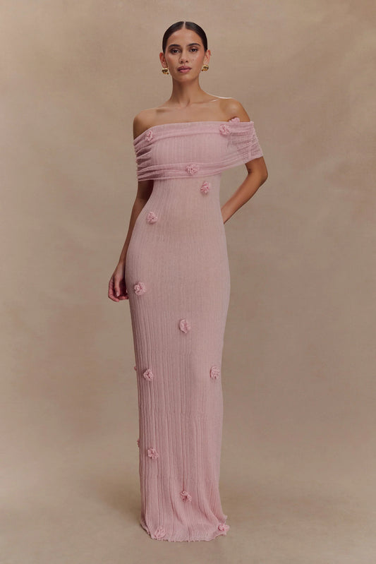 Off-The-Shoulder Ruched 3D Floral Applique Sheer Knit Maxi Prom Dresses (Dusty Rose)