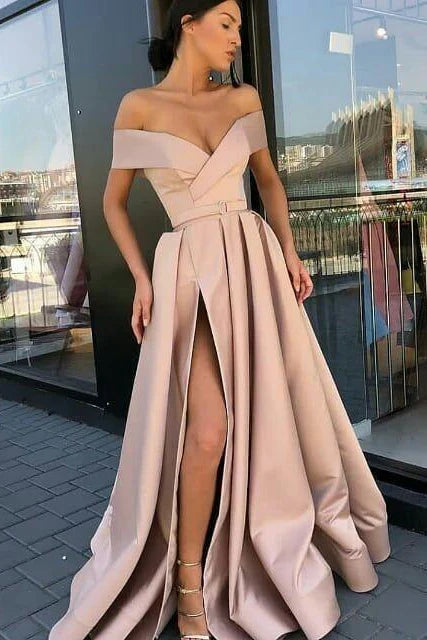 Vestidos de fiesta de satén con hombros descubiertos y abertura alta, vestidos de noche largos y económicos 
