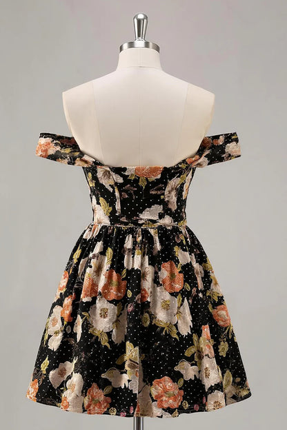 Off-the-Shoulder Black Floral Polka Dot Homecoming Dress with Ruched Waist and Flared Skirt
