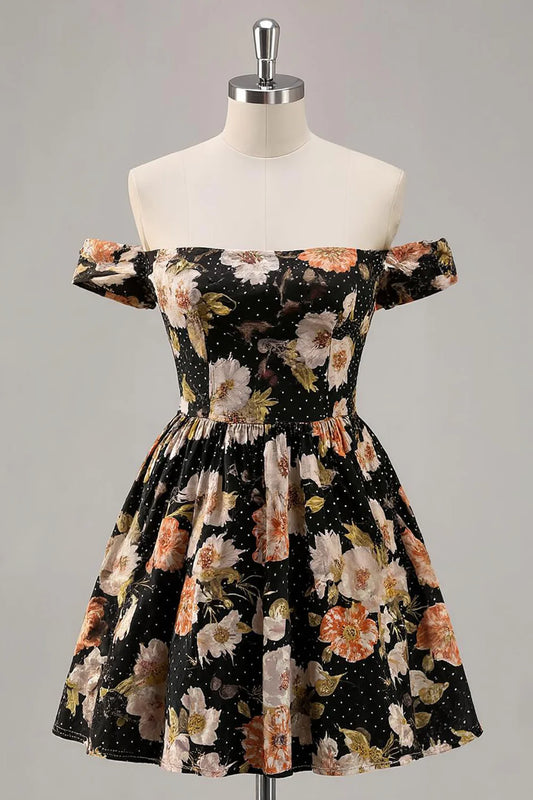 Off-the-Shoulder Black Floral Polka Dot Homecoming Dress with Ruched Waist and Flared Skirt