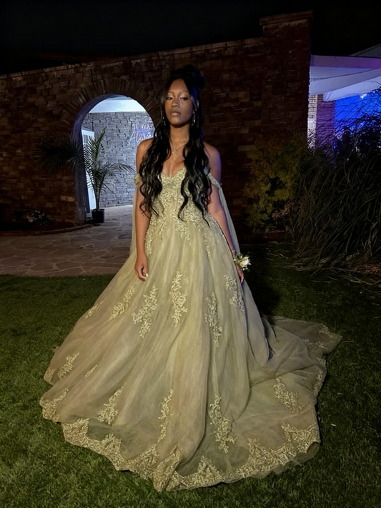 Off-the-Shoulder Lace Applique Tulle Prom Dress with Cape Sleeves and Train