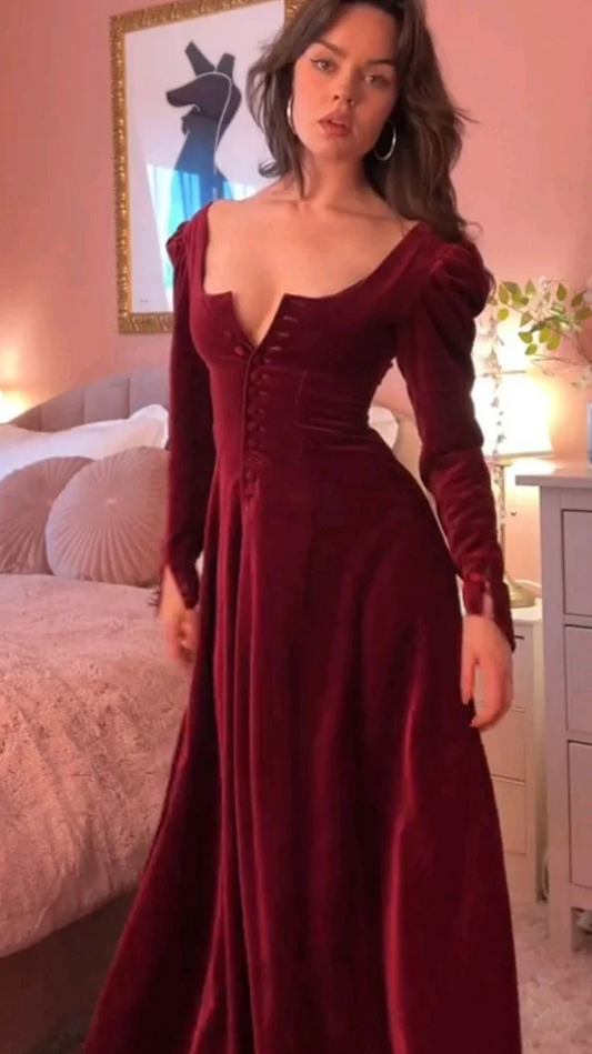 Off-the-Shoulder Velvet Prom Dress with Button Front and Gathered Skirt