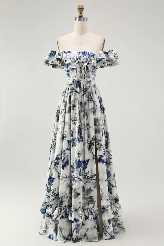 Off-the-shoulder blue and white floral chiffon prom dress with ruffle sleeves corset bodice lace-up back and high slit