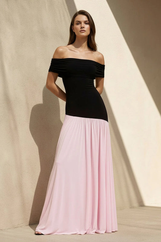 Off Shoulder Two Tone A Line Floor Length Formal Evening Gown For Wedding Guest Homecoming Prom Dress