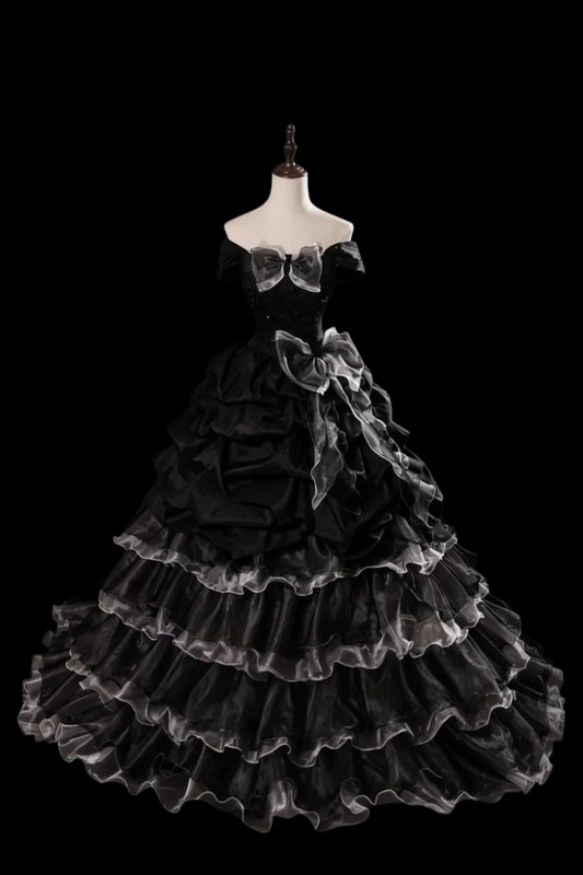 Off The Shoulder Beaded Bodice Organza Bow Tiered Ruffle Hem Lace Up Back Ball Gown Prom Dresses
