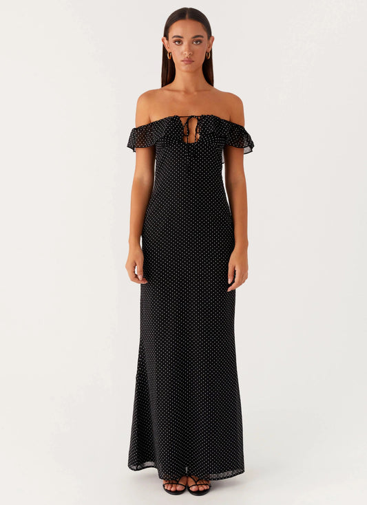 Off The Shoulder Ruffle Neck Cutout Front Black Polka Dot Chiffon Mermaid Maxi Dress
