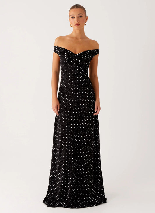 Off The Shoulder Sweetheart Neck Cutout Back Black Polka Dot Satin Maxi Dress