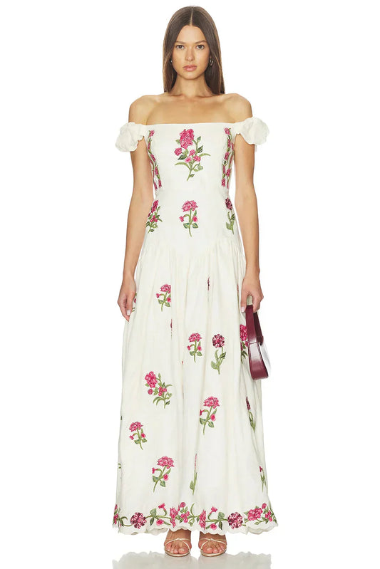 Off White Off-The-Shoulder Floral Embroidered Cotton Maxi Formal Evening Prom Dress