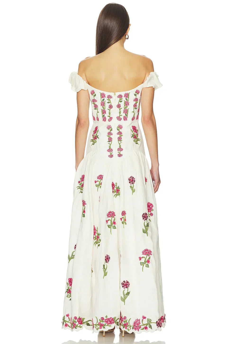 Off White Off-The-Shoulder Floral Embroidered Cotton Maxi Formal Evening Prom Dress