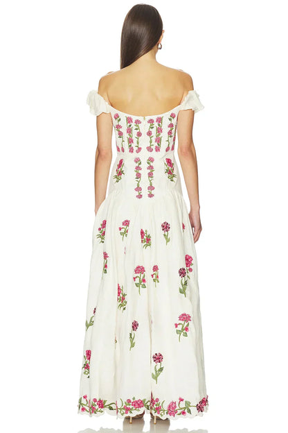Off White Off-The-Shoulder Floral Embroidered Cotton Maxi Formal Evening Prom Dress