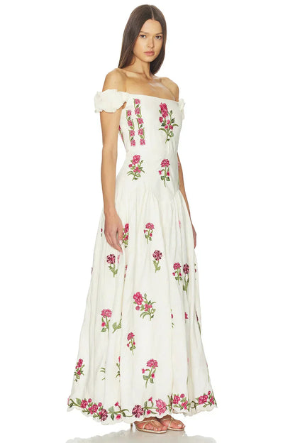 Off White Off-The-Shoulder Floral Embroidered Cotton Maxi Formal Evening Prom Dress