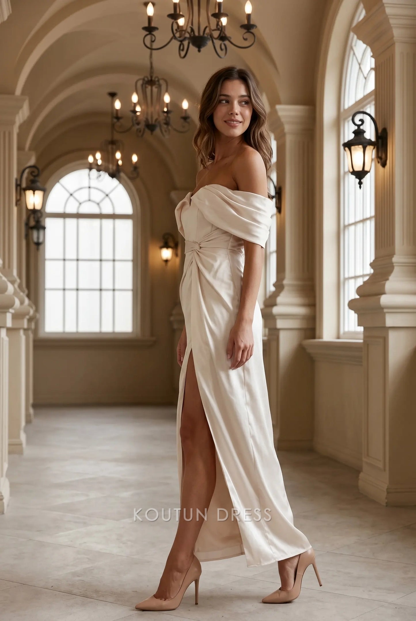 Off White Off Shoulder Sweetheart Satin Midi Formal Evening Prom Dress With Slit