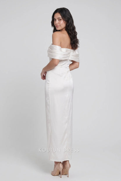 Off White Off Shoulder Sweetheart Satin Midi Formal Evening Prom Dress With Slit