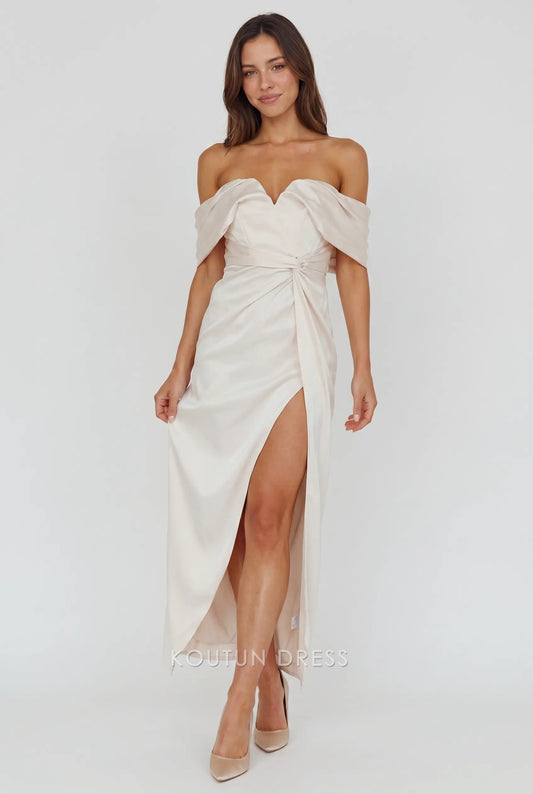 Off White Off Shoulder Sweetheart Satin Midi Formal Evening Prom Dress With Slit