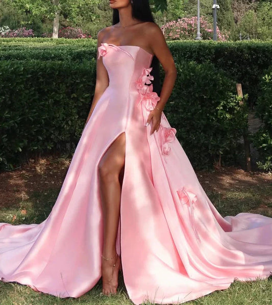 Off the Shoulder Neck Romantic Strapless 3D-Floral Satin High-Slit Sweeping-Train Prom Ballgown