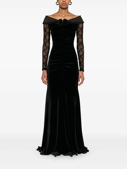 Old Hollywood Glamour Black Velvet Off-the-Shoulder Prom Dress