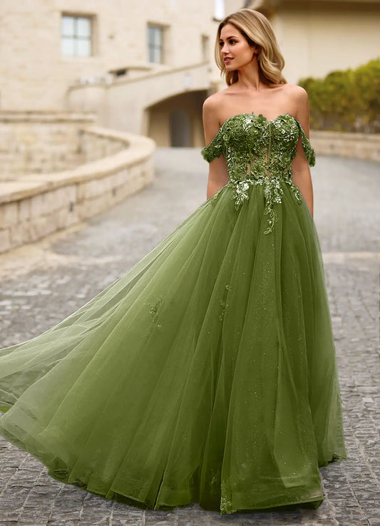 Olive Green 3D Floral Off Shoulder Ball Gown Prom Dresses