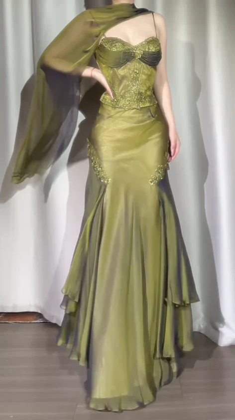 Olive Green Corset Prom Dress With Beaded Detail And Sheer Shawl Mermaid Formal Prom Dress