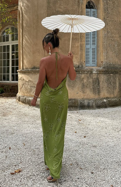 Olive Green Halter Neck Floral Beaded Cowl Back High Slit Chiffon Maxi Formal Evening Prom Dress
