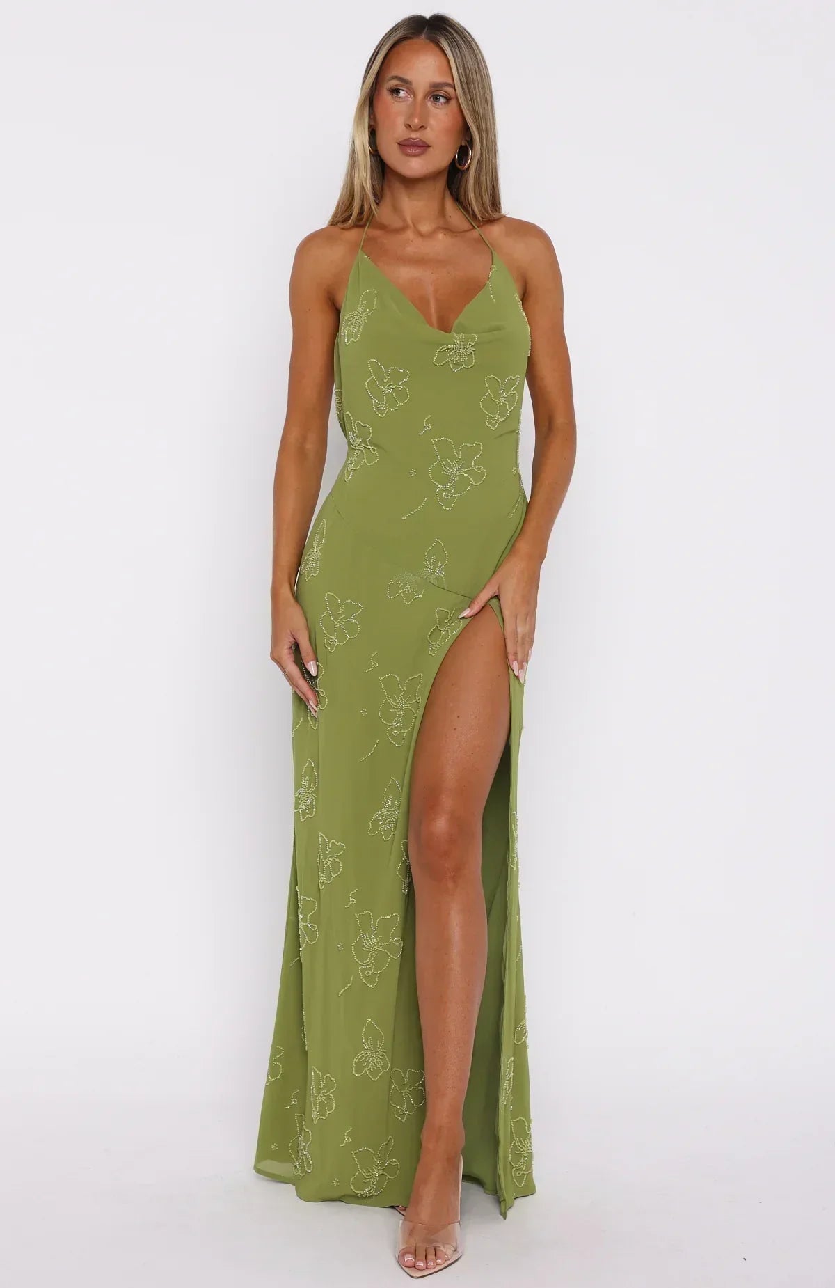 Olive Green Halter Neck Floral Beaded Cowl Back High Slit Chiffon Maxi Formal Evening Prom Dress