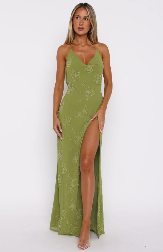 Olive Green Halter Neck Floral Beaded Cowl Back High Slit Chiffon Maxi Formal Evening Prom Dress
