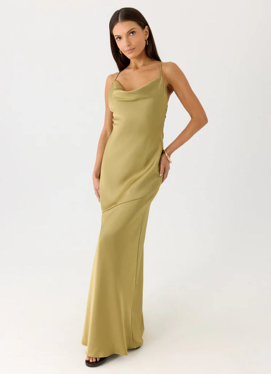 Olive Green Satin Cowl Neck Maxi Prom Dress with Open Back and Crisscross Straps