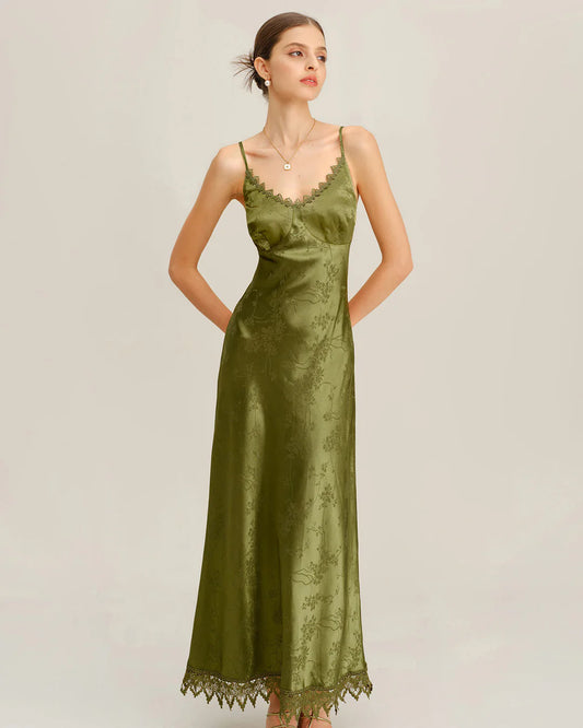 Olive Green Satin Floral Jacquard Lace-Up Back Midi Evening Dress