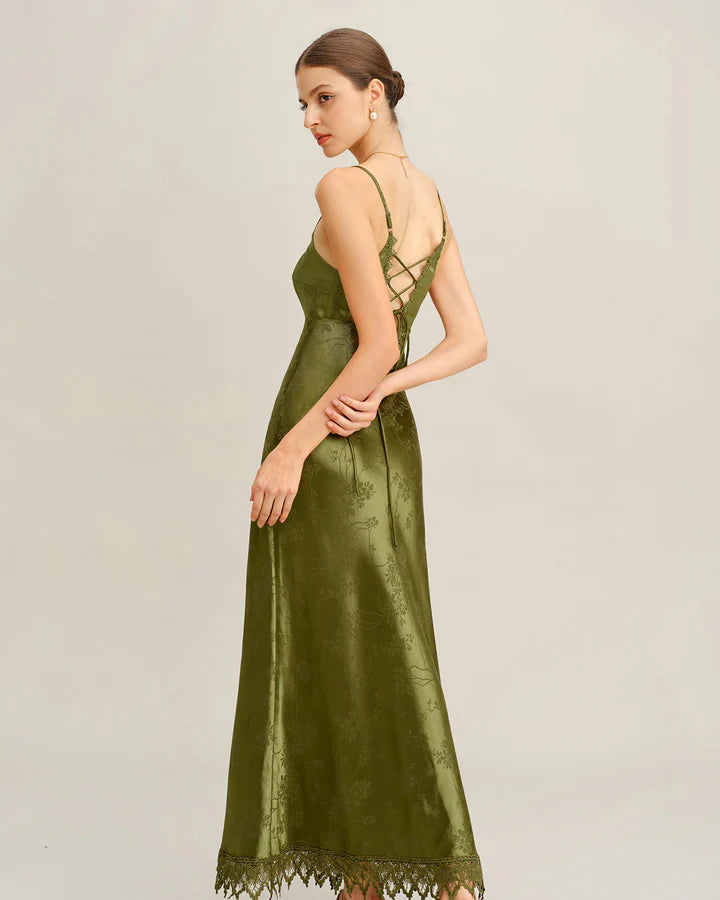 Olive Green Satin Floral Jacquard Lace-Up Back Midi Evening Dress