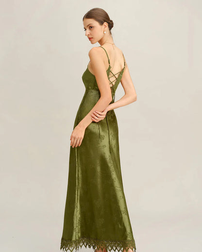 Olive Green Satin Floral Jacquard Lace-Up Back Midi Evening Dress