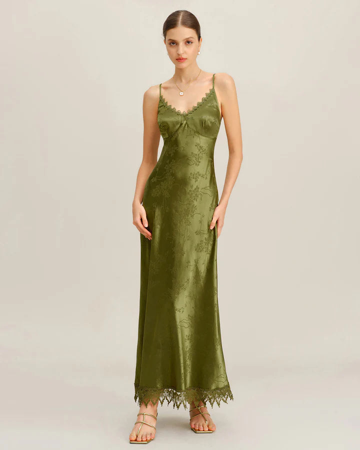 Olive Green Satin Floral Jacquard Lace-Up Back Midi Evening Dress
