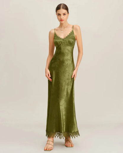 Olive Green Satin Floral Jacquard Lace-Up Back Midi Evening Dress