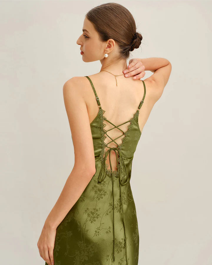 Olive Green Satin Floral Jacquard Lace-Up Back Midi Evening Dress