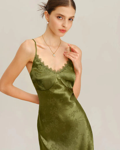 Olive Green Satin Floral Jacquard Lace-Up Back Midi Evening Dress